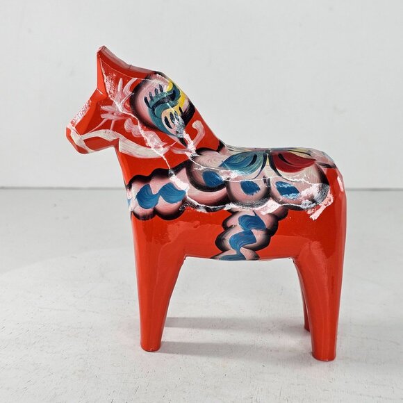 Swedish Dala Horse Figurine 5" Hand-Painted Nils Olsson Red Blue Folk Art Decor - Picture 2 of 9